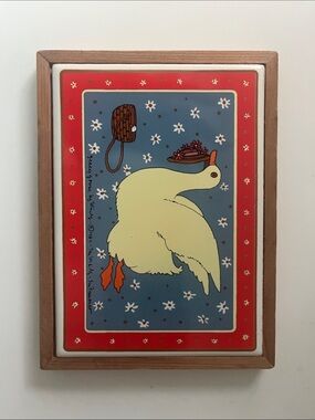 Vintage Taylor & NG 1982 Gracey Goose ceramic trivet in wooden Frame